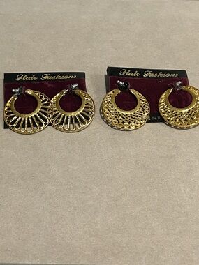 Gold Filigree Hoop Earrings - Two Pair
